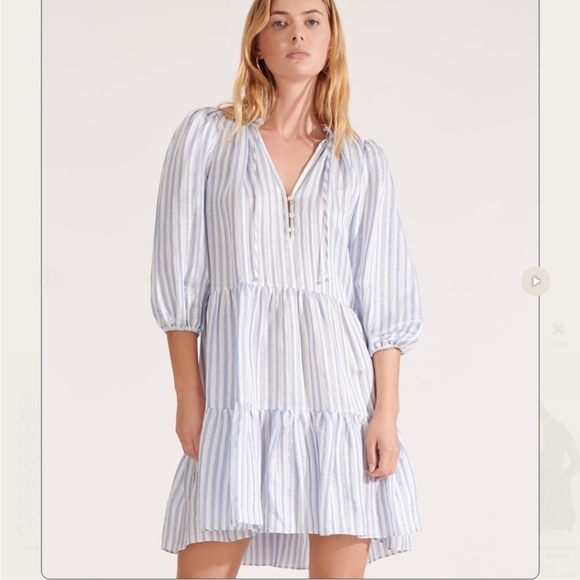 Veronica Beard Hawken Dress 6 Stripe Puff Sleeves Tiered Linen Silk Coastal READ - Picture 14 of 14
